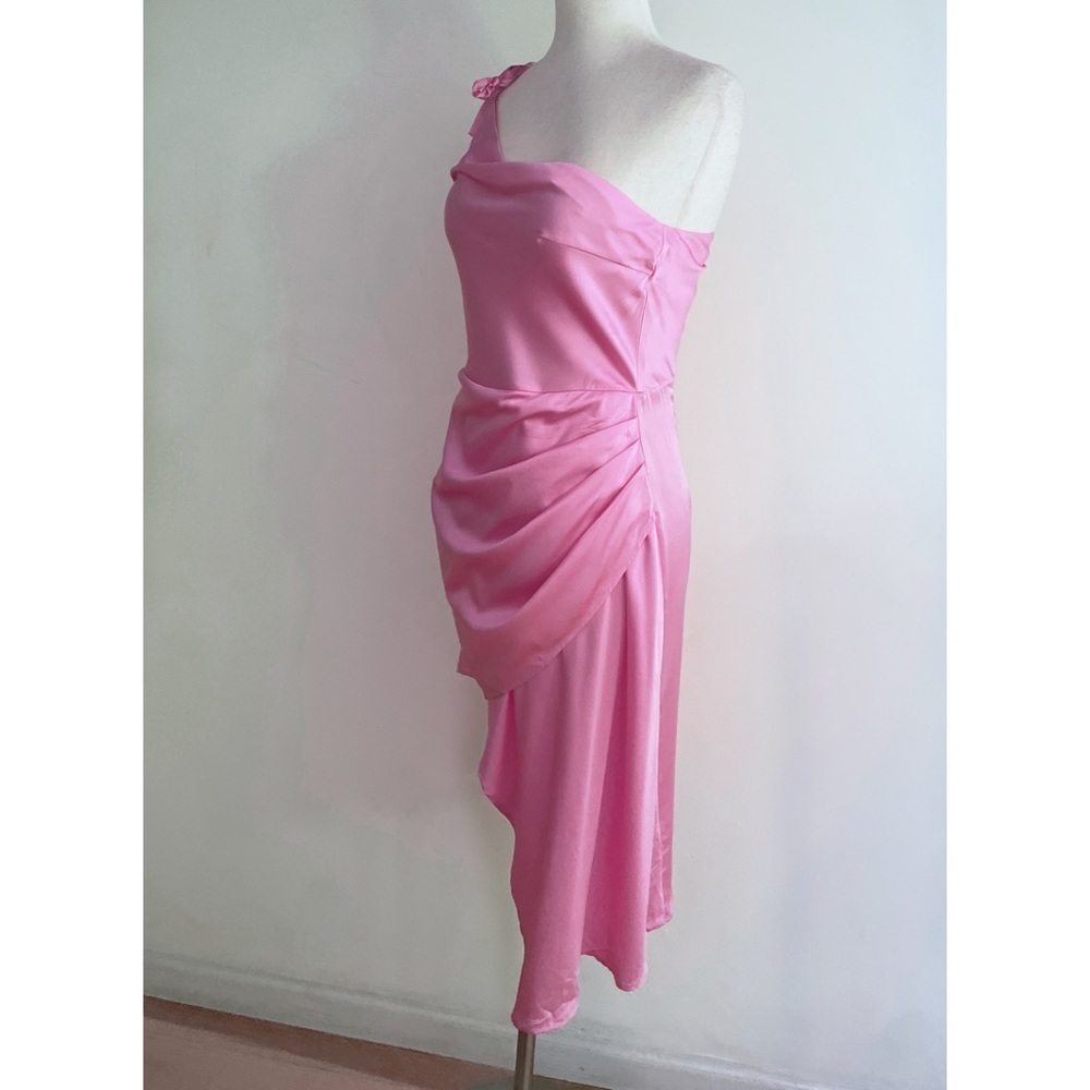 Nwt Silk Maison Pink One Shoulder Draped Asymmetrical Ruched Silk Mini Dress Xs — image 6 of 8
